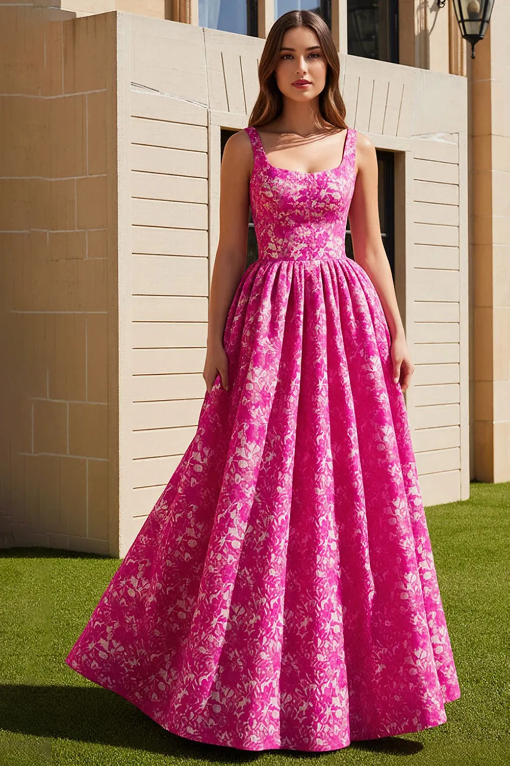 Fuchsia Printed A Line Long Wedding Guest Dress sold by Wedtrend
