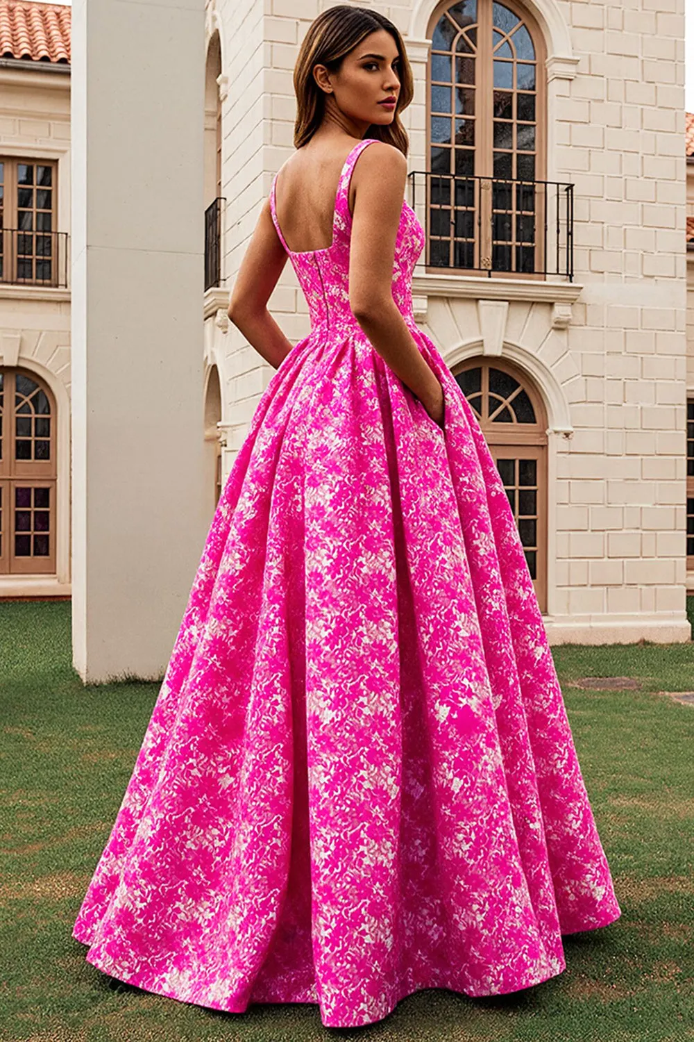 Fuchsia Printed A Line Long Wedding Guest Dress sold by Wedtrend product image thumbnail 2