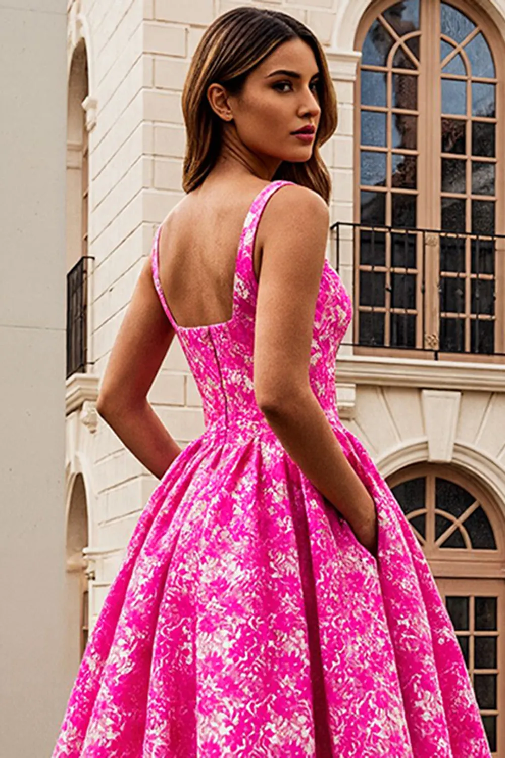 Fuchsia Printed A Line Long Wedding Guest Dress sold by Wedtrend product image thumbnail 3