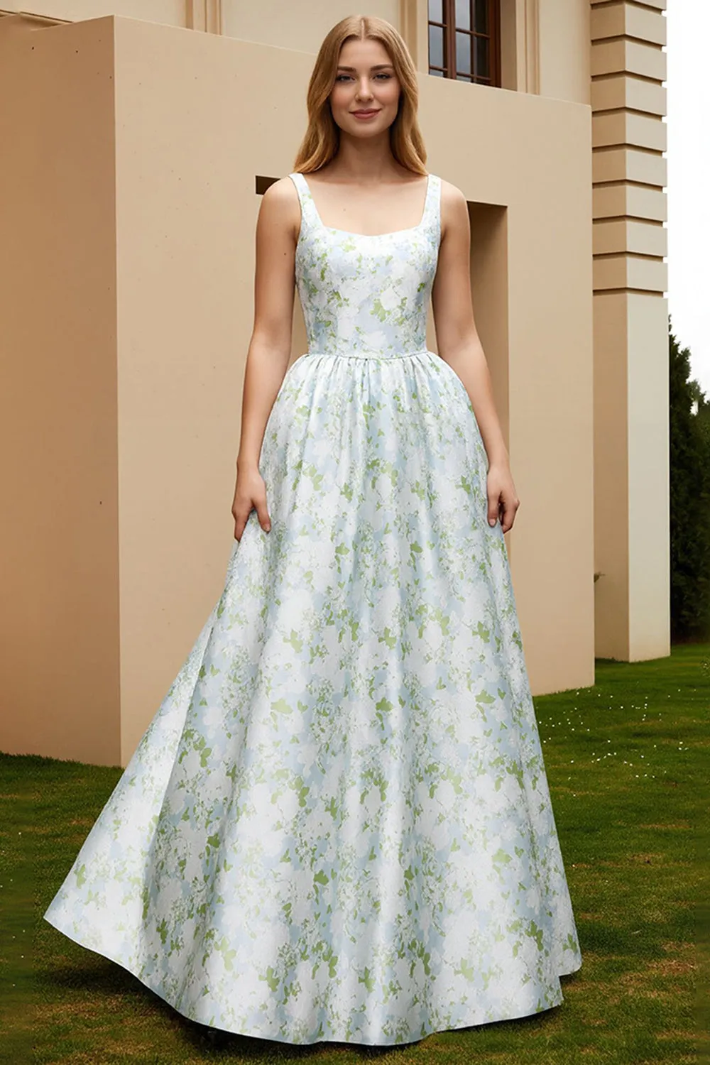 White Blue Flower A Line Printed Long Wedding Guest Dress sold by Wedtrend