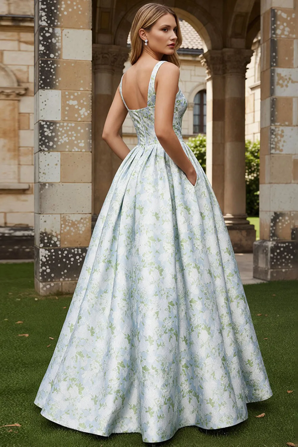 White Blue Flower A Line Printed Long Wedding Guest Dress sold by Wedtrend product image thumbnail 2