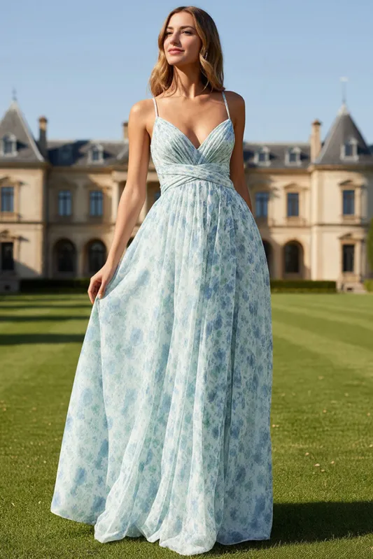Blue Flower A Line Spaghetti Straps Wedding Guest Dress made by Wedtrend