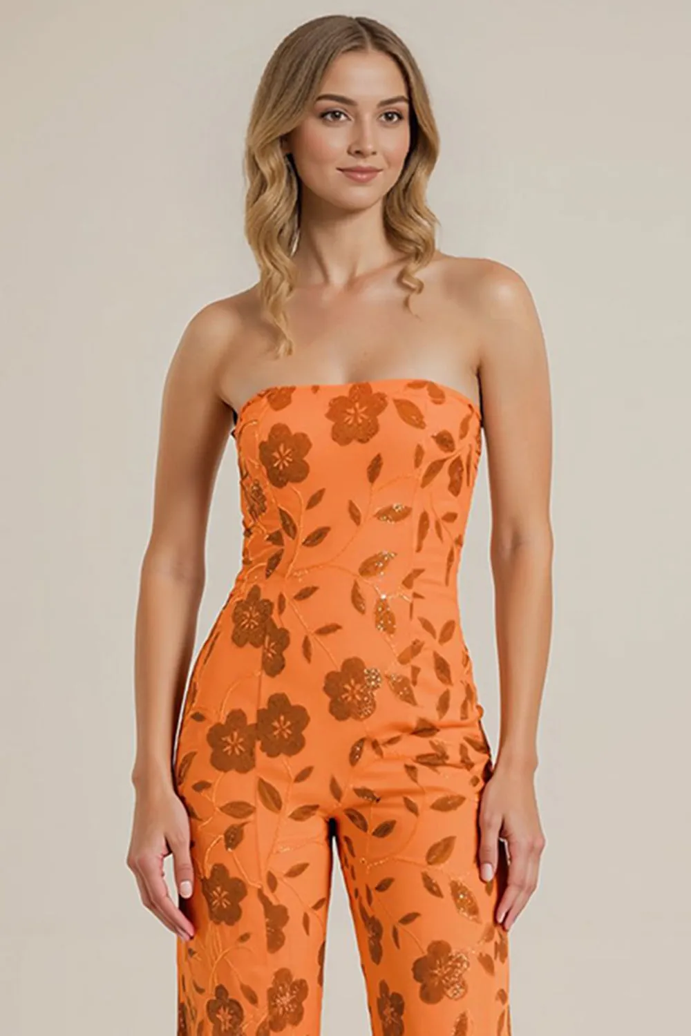 Strapless Orange Floral Sequin Wedding Guest Jumpsuit sold by Wedtrend product image thumbnail 4
