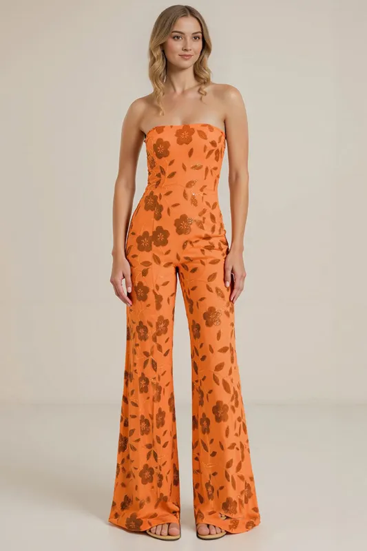 Strapless Orange Floral Sequin Wedding Guest Jumpsuit made by Wedtrend