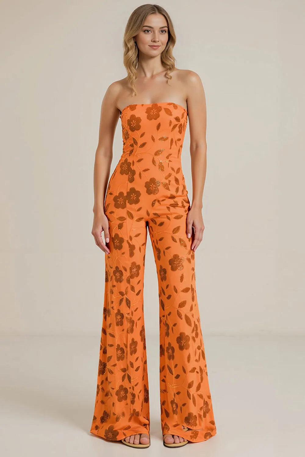 Strapless Orange Floral Sequin Wedding Guest Jumpsuit sold by Wedtrend