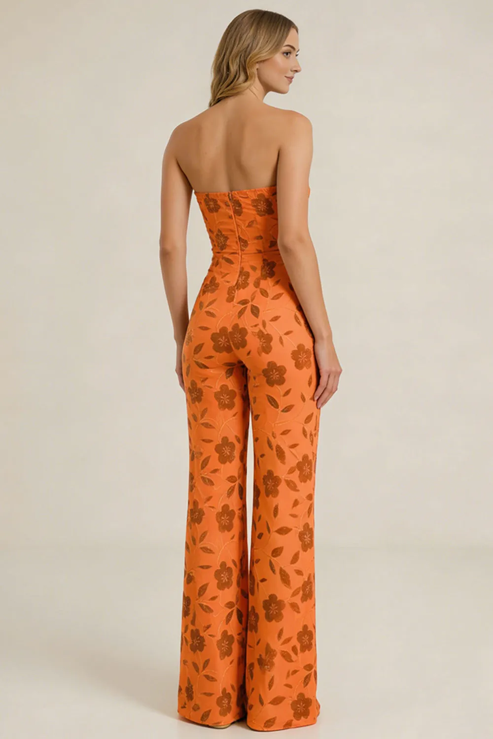 Strapless Orange Floral Sequin Wedding Guest Jumpsuit sold by Wedtrend product image thumbnail 2