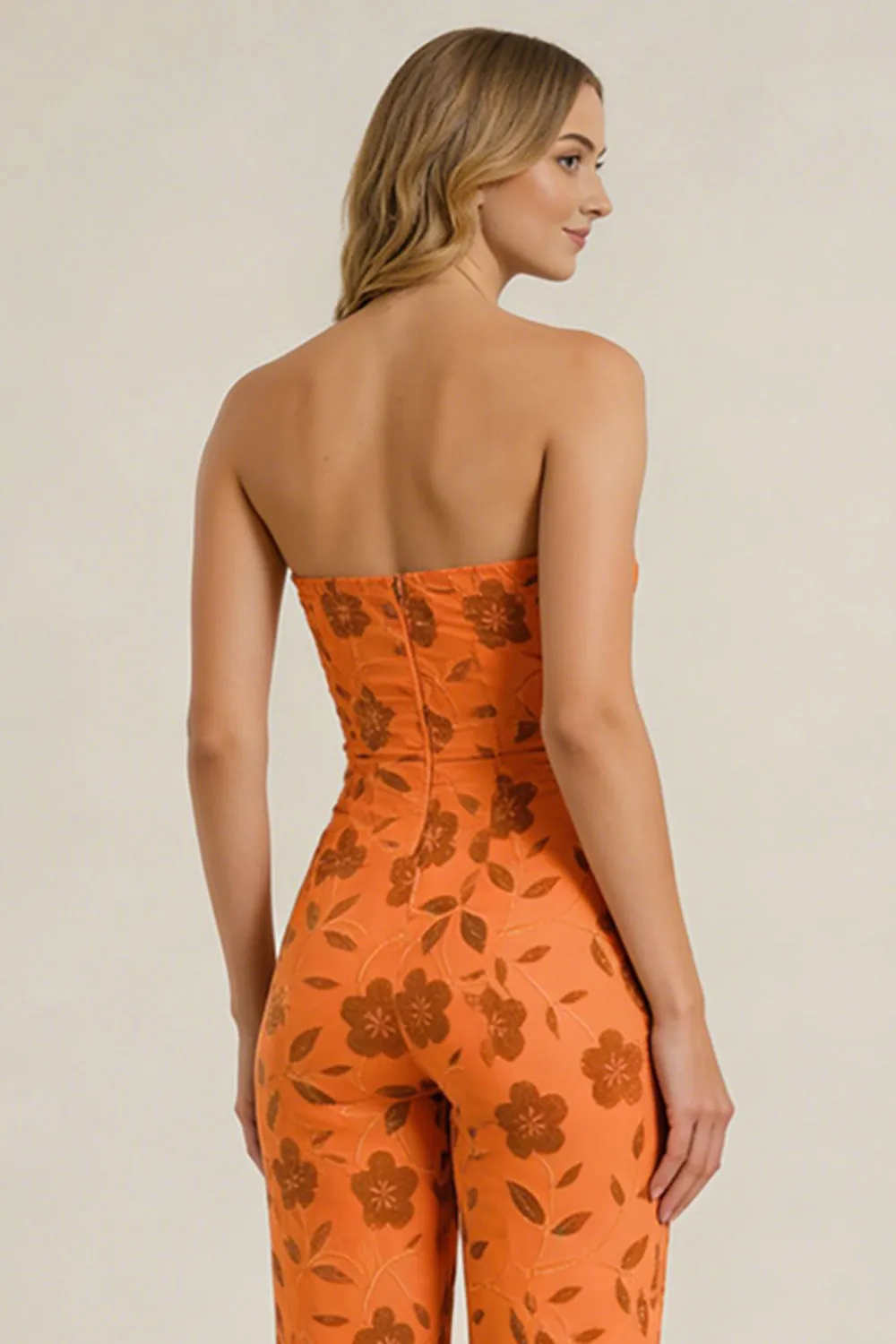 Strapless Orange Floral Sequin Wedding Guest Jumpsuit sold by Wedtrend product image thumbnail 5