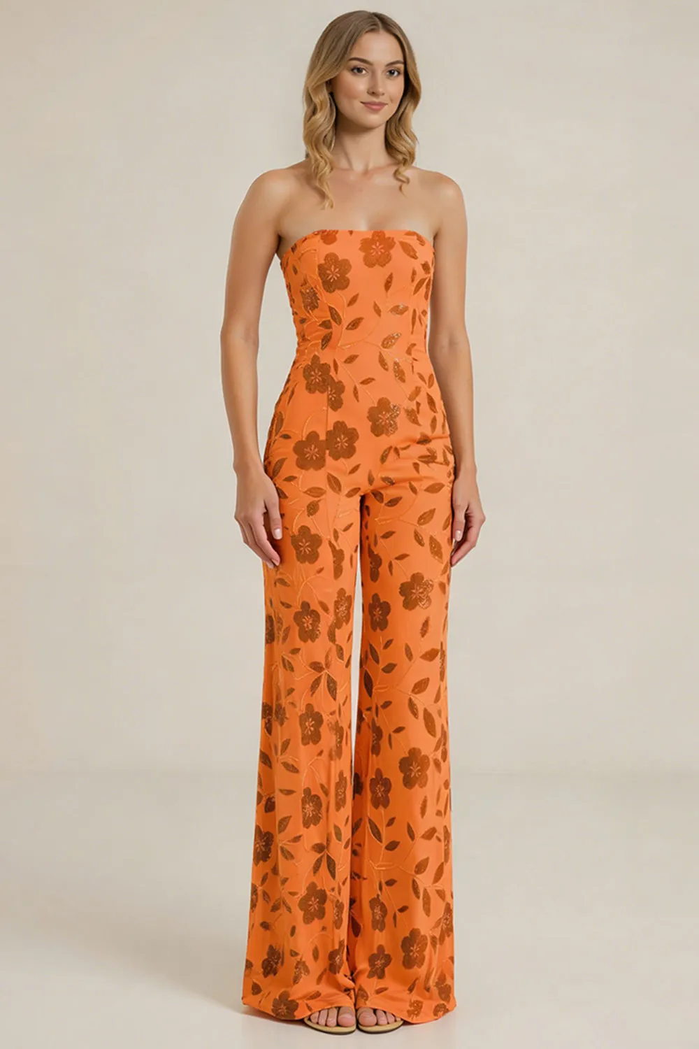 Strapless Orange Floral Sequin Wedding Guest Jumpsuit sold by Wedtrend product image thumbnail 3