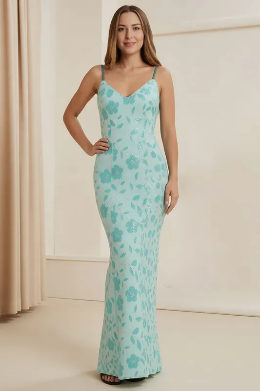 Green Flower Mermaid Printed Long Wedding Guest Dress sold by Wedtrend