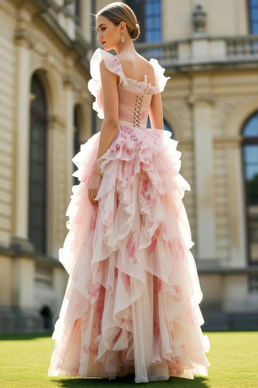 Blush Flower Ruffle A Line Bow Long Prom Dress with Flutter Sleeves sold by Wedtrend product image thumbnail 2