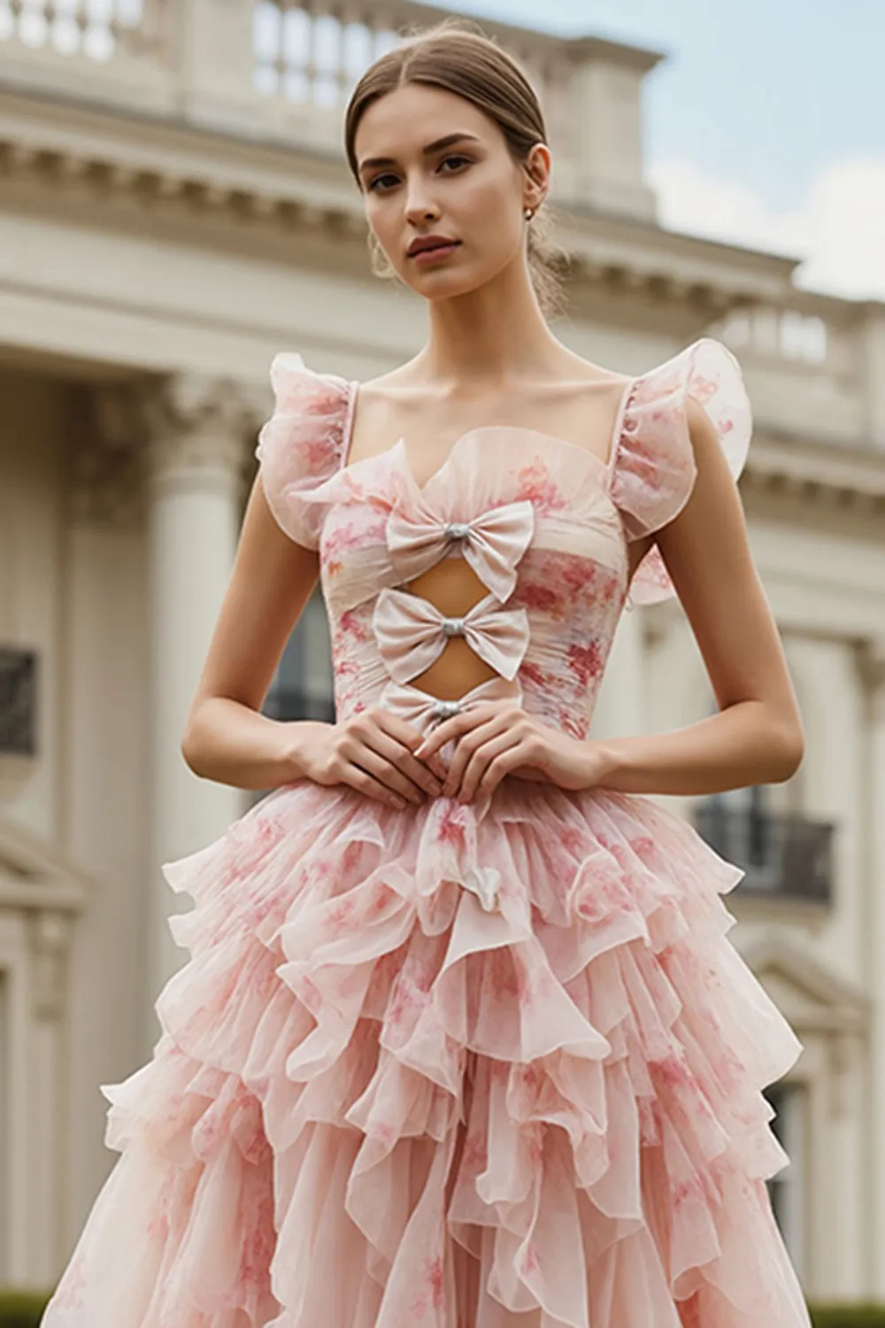 Blush Flower Ruffle A Line Bow Long Prom Dress with Flutter Sleeves sold by Wedtrend product image thumbnail 3