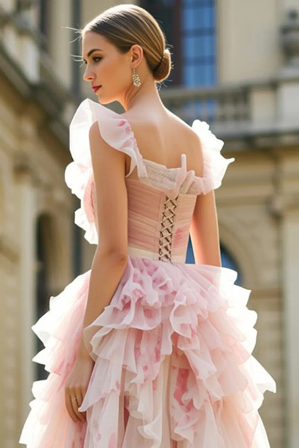 Blush Flower Ruffle A Line Bow Long Prom Dress with Flutter Sleeves sold by Wedtrend product image thumbnail 4