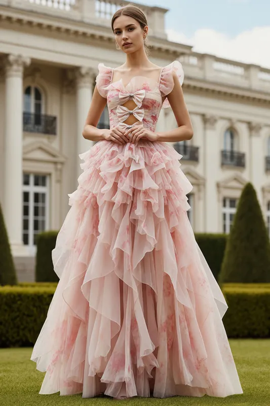 Blush Flower Ruffle A Line Bow Long Prom Dress with Flutter Sleeves made by Wedtrend
