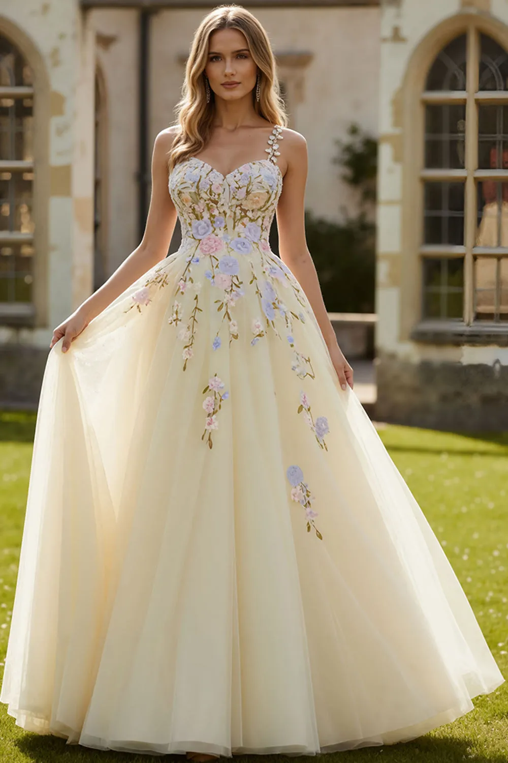 Daffodil A Line Appliqued Tulle Long Prom Dress sold by Wedtrend