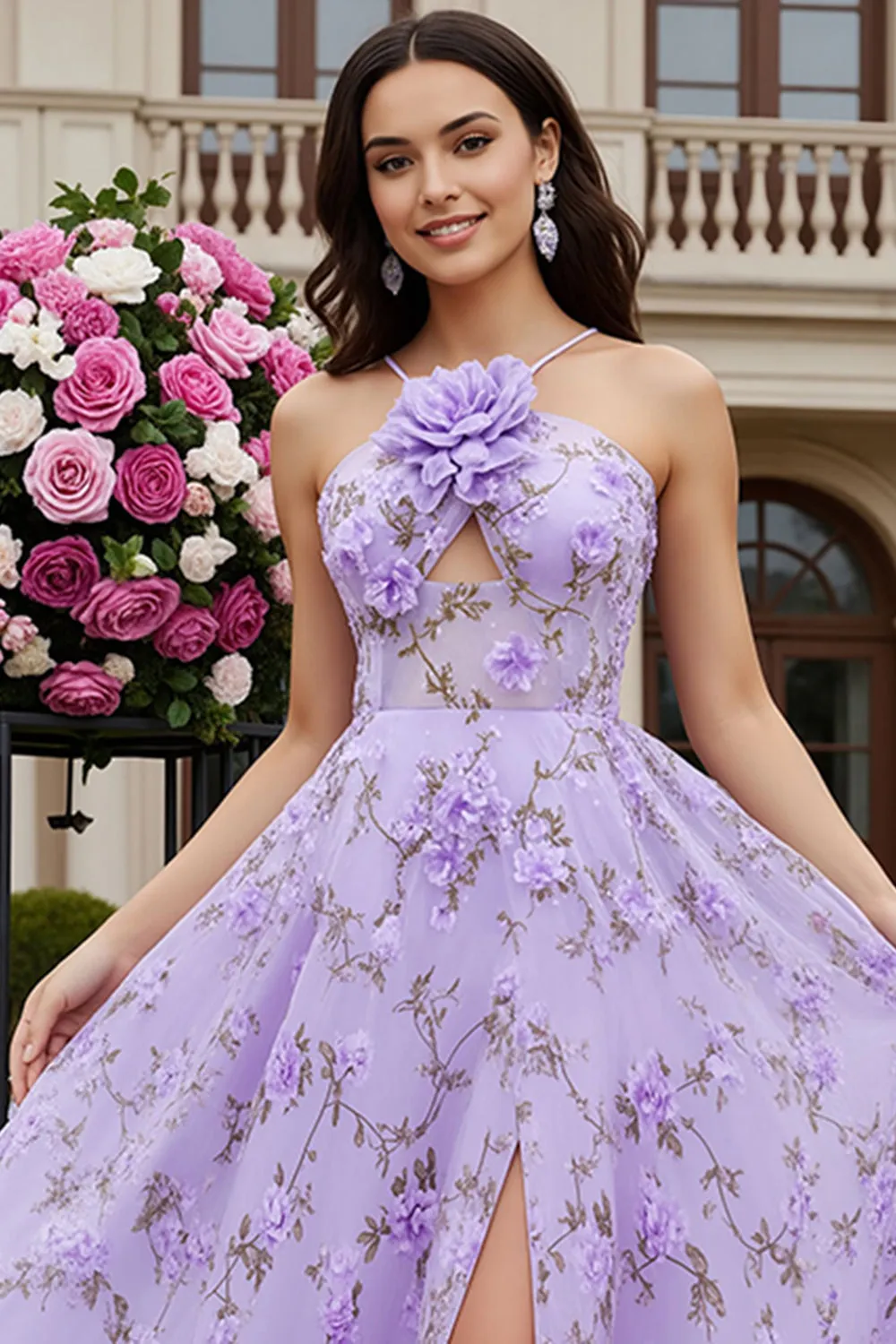 Lilac Printed A Line 3D Flower Cut Out Long Prom Dress with Slit sold by Wedtrend product image thumbnail 3