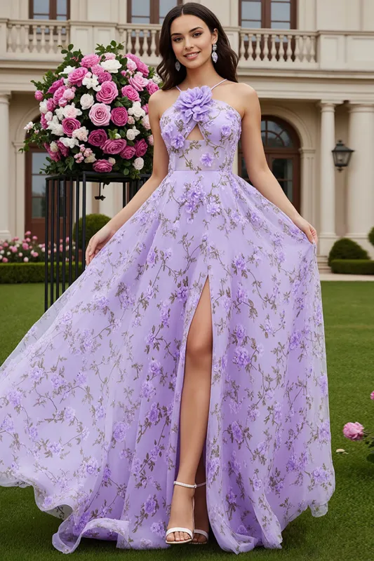 Lilac Printed A Line 3D Flower Cut Out Long Prom Dress with Slit made by Wedtrend