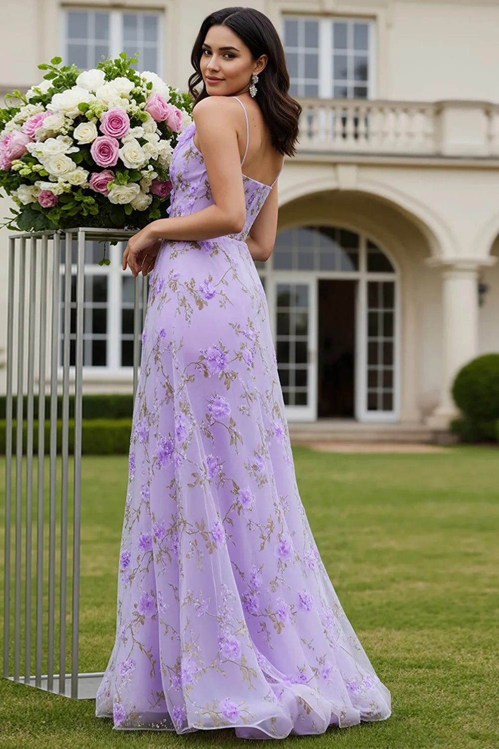 Lilac Printed A Line 3D Flower Cut Out Long Prom Dress with Slit sold by Wedtrend product image thumbnail 2