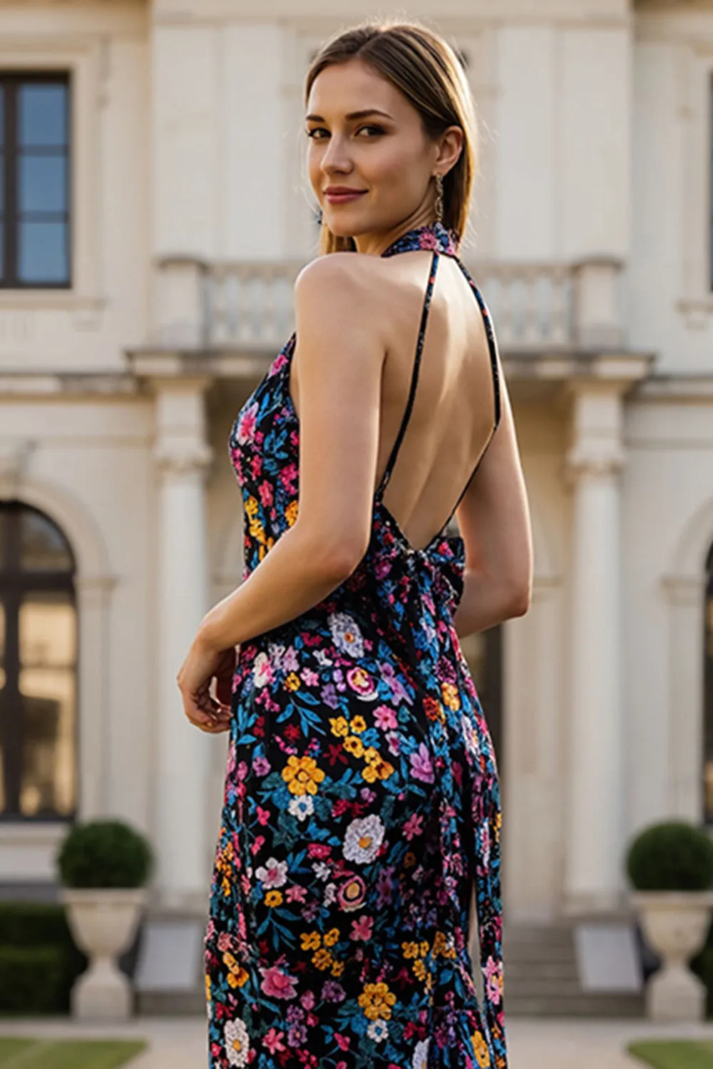 Black Flower Halter Mermaid Printed Long Prom Dress with Bow sold by Wedtrend product image thumbnail 4