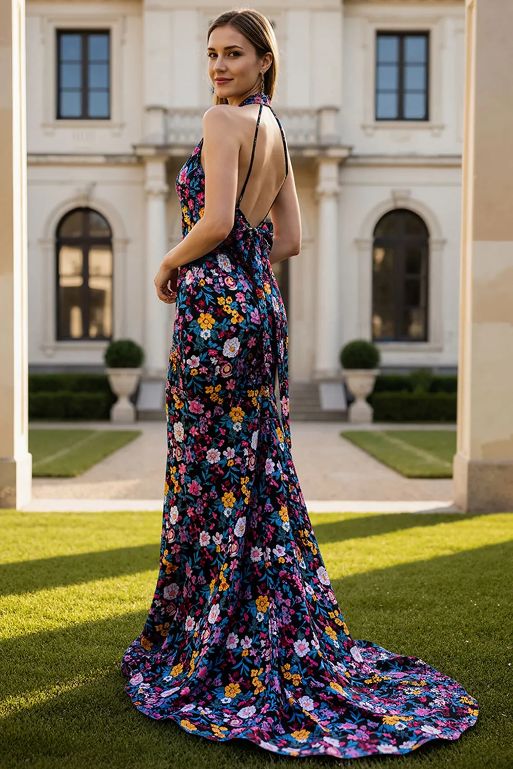 Black Flower Halter Mermaid Printed Long Prom Dress with Bow sold by Wedtrend product image thumbnail 2