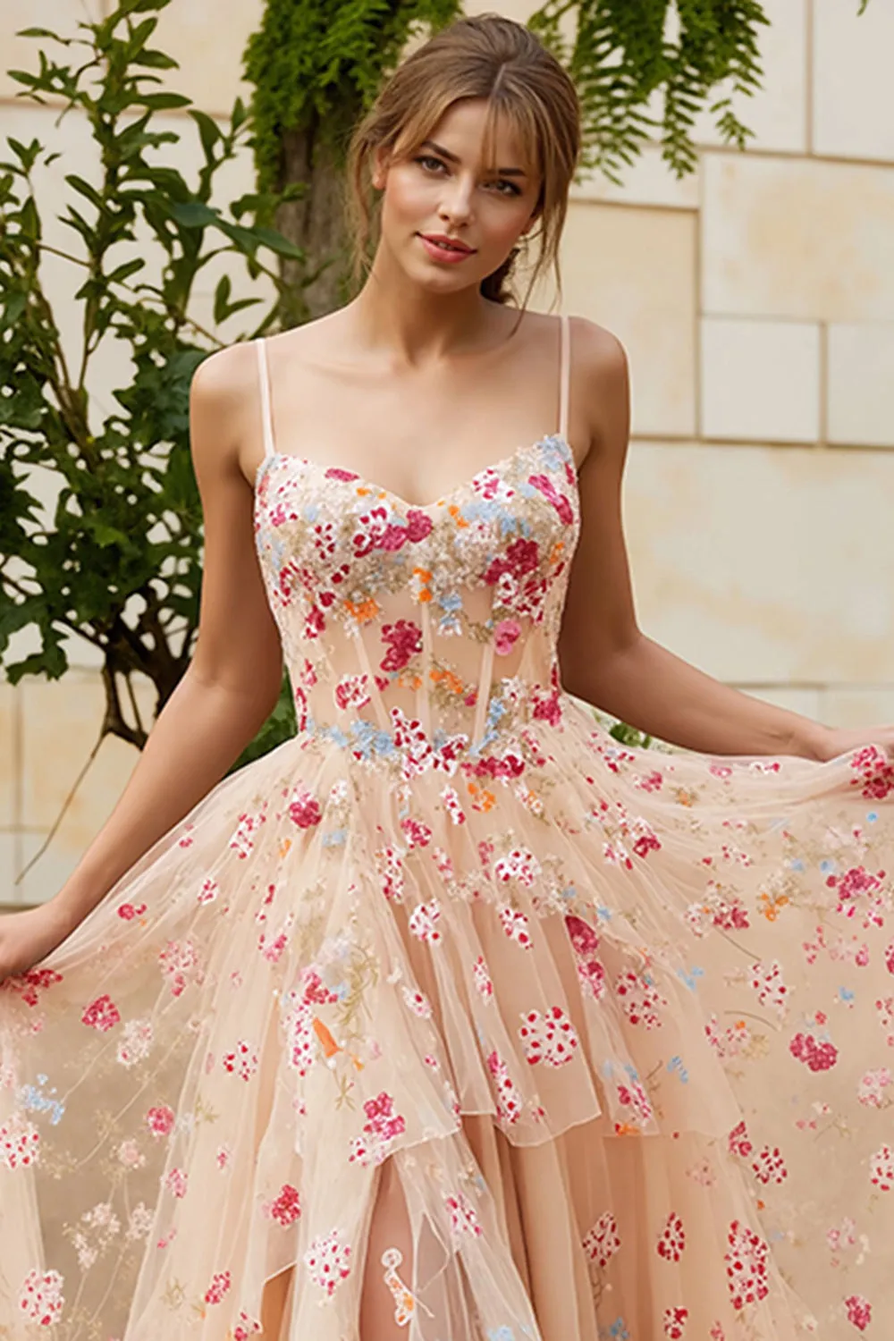 Champaagne Flower Beaded A-Line Corset Embroidered Long Prom Dress with Slit sold by Wedtrend product image thumbnail 3