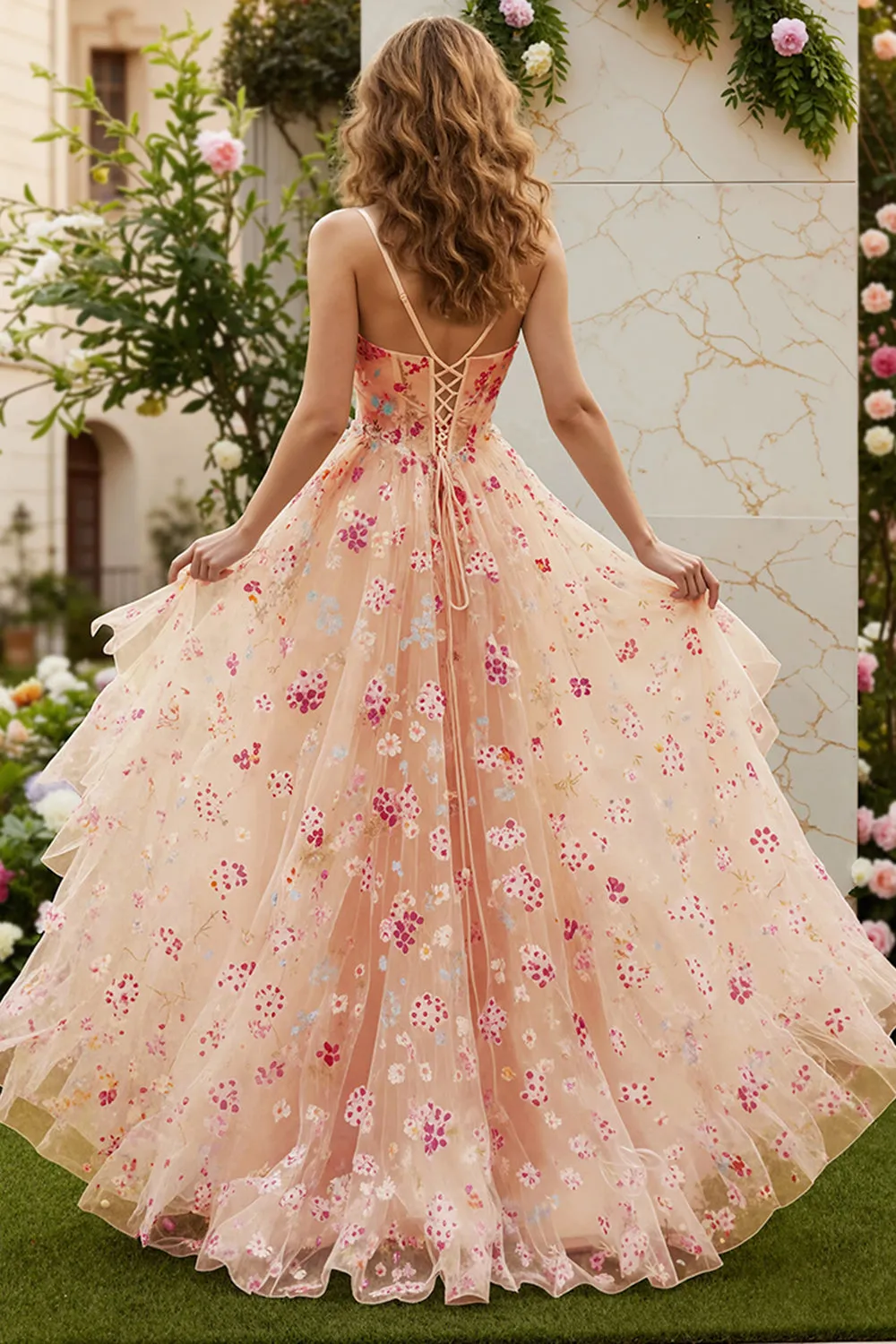 Champaagne Flower Beaded A-Line Corset Embroidered Long Prom Dress with Slit sold by Wedtrend product image thumbnail 2