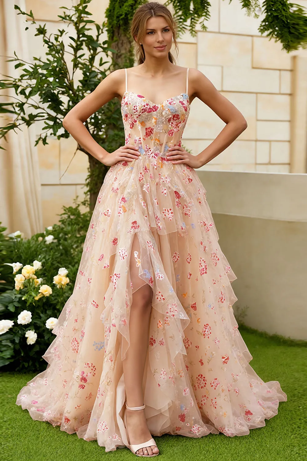 Champaagne Flower Beaded A-Line Corset Embroidered Long Prom Dress with Slit sold by Wedtrend product image thumbnail 5