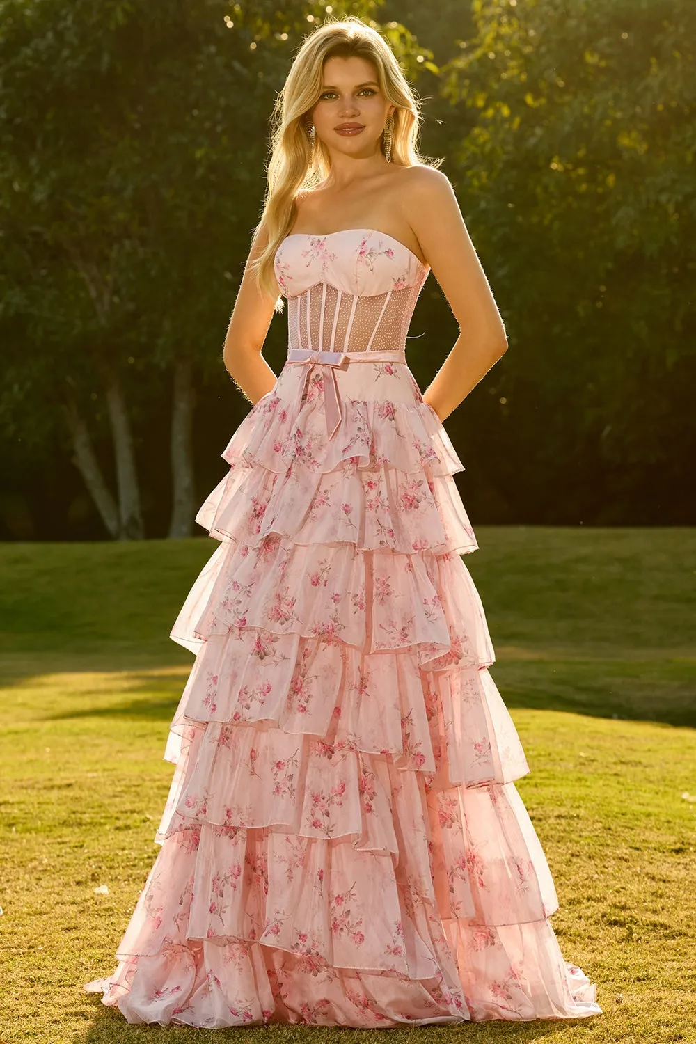 Pink Red Flower Beaded Strapless A Line Tiered Ruffle Corset Long Prom Dress sold by Wedtrend