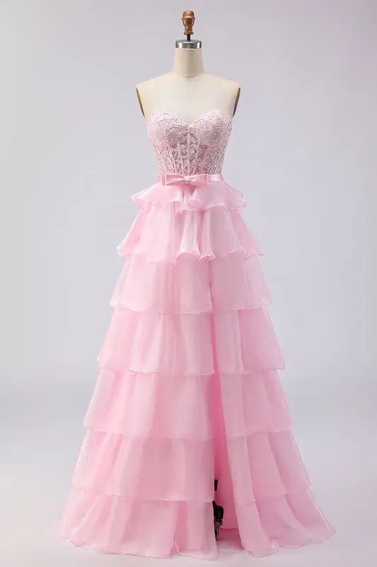 Pink Beaded A Line Strapless Corset Tiered Ruffle Long Prom Dress with Slit sold by Wedtrend