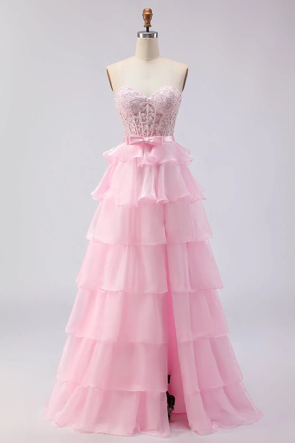 Pink Beaded A Line Strapless Corset Tiered Ruffle Long Prom Dress with Slit sold by Wedtrend