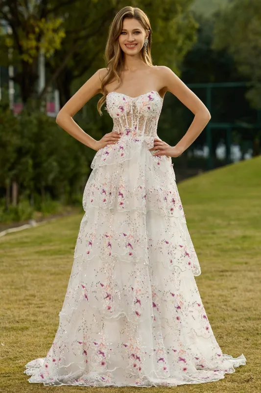 Strapless White Pink Flower Sequin A Line Tiered Long Prom Dress with Ruffles sold by Wedtrend