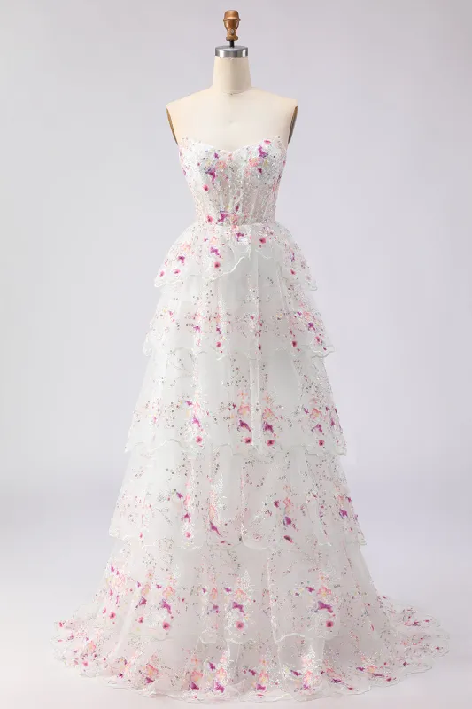White Pink Flower Strapless A Line Sequin Tiered Long Prom Dress with Ruffles made by Wedtrend