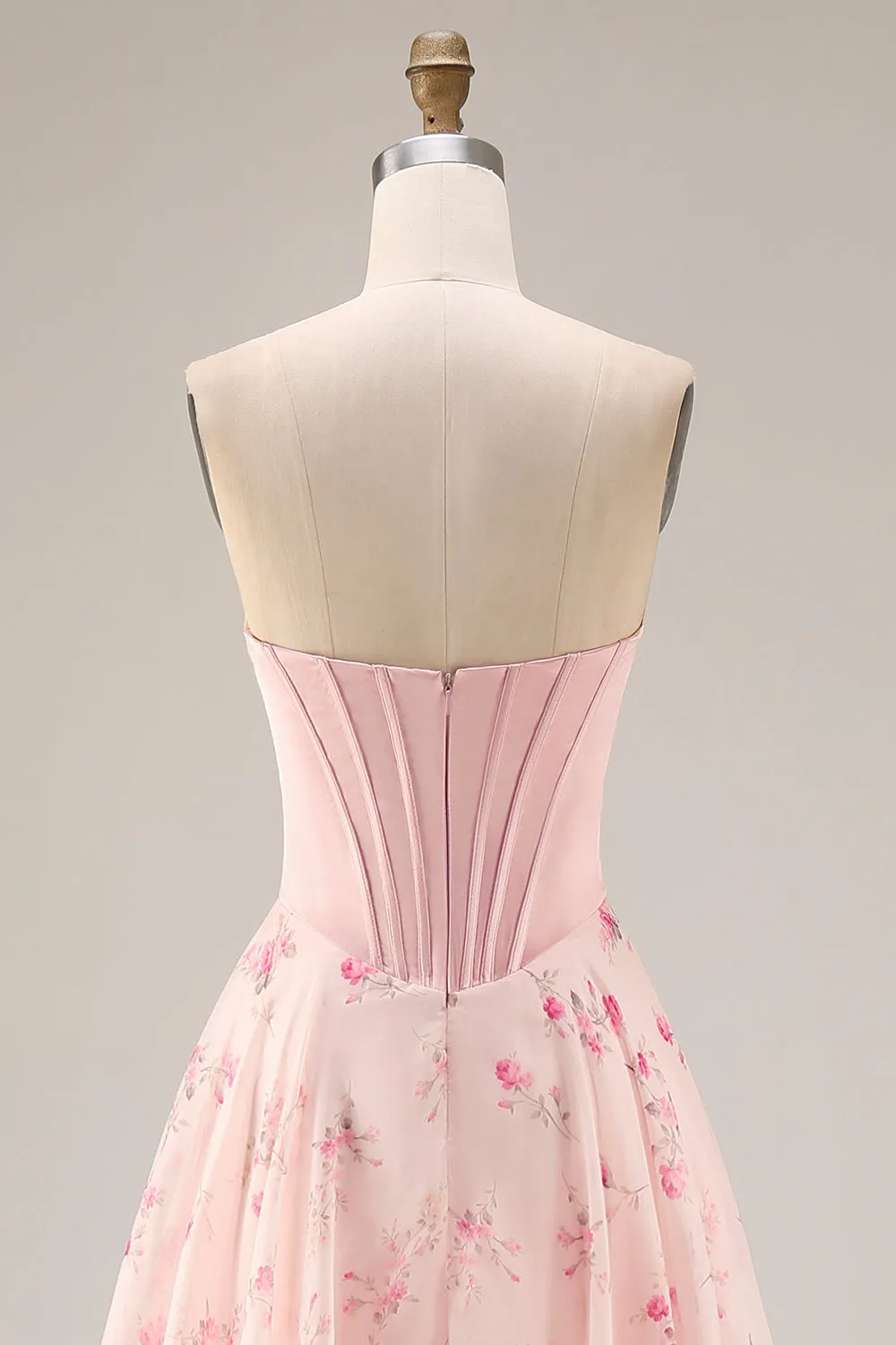 Strapless Pink Red Flower A Line Corset Long Prom Dress with Slit sold by Wedtrend product image thumbnail 5