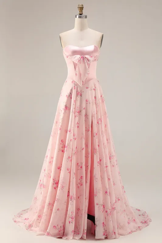Strapless Pink Red Flower A Line Corset Long Prom Dress with Slit made by Wedtrend