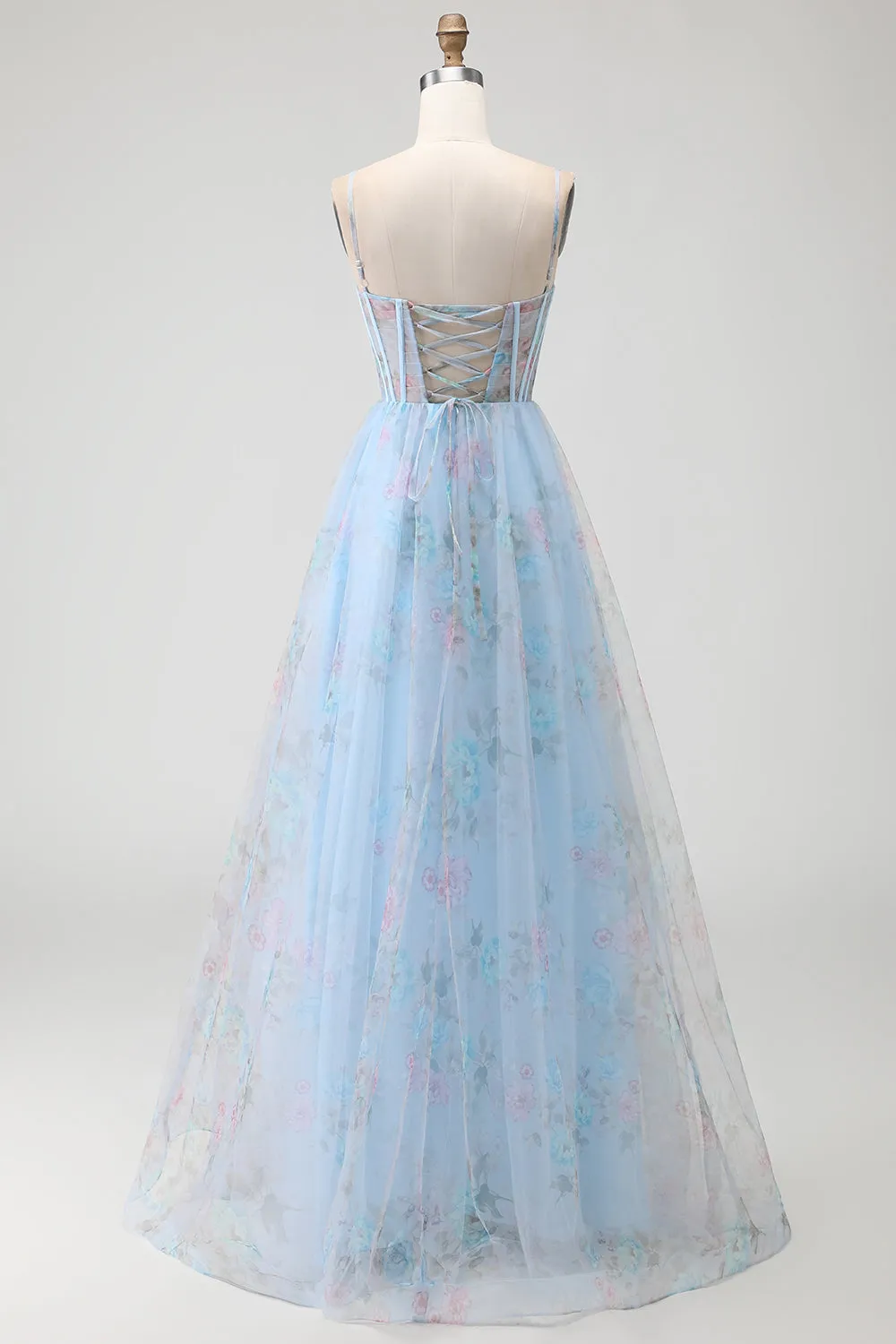 Blue Flower Corset A-Line Print Lace Up Back Long Prom Dress with Slit sold by Wedtrend product image thumbnail 4