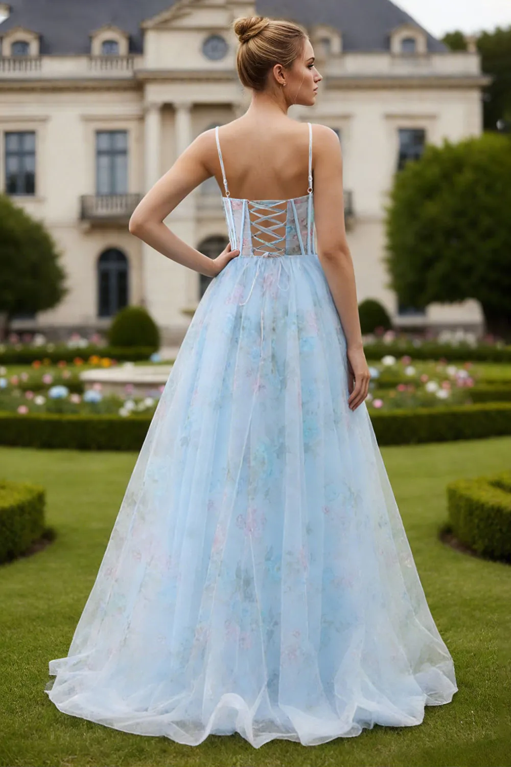 Blue Flower Corset A-Line Print Lace Up Back Long Prom Dress with Slit sold by Wedtrend product image thumbnail 2