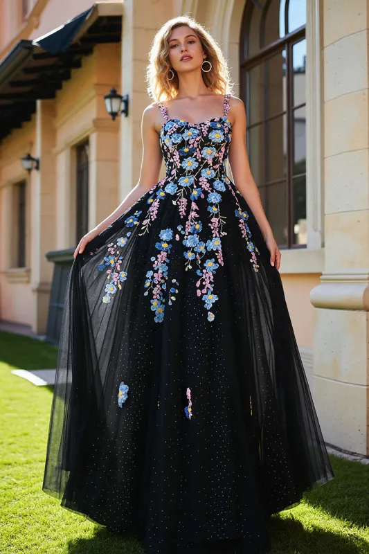 Black  A Line Embroidered Sequin Long Prom Dress with Slit made by Wedtrend