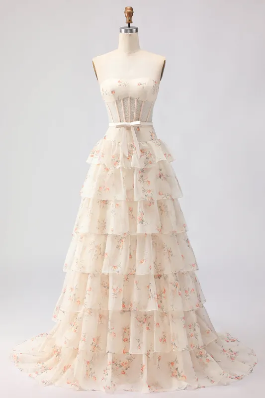 Champagne Orange Flower Strapless A Line Tiered Ruffle Corset Long Prom Dress made by Wedtrend