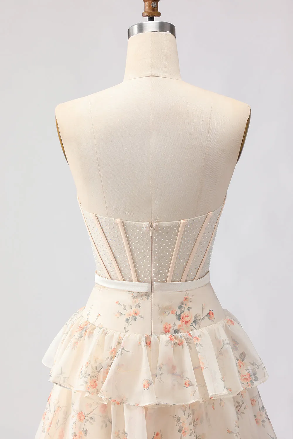 Champagne Orange Flower Strapless A Line Tiered Ruffle Corset Long Prom Dress sold by Wedtrend product image thumbnail 5