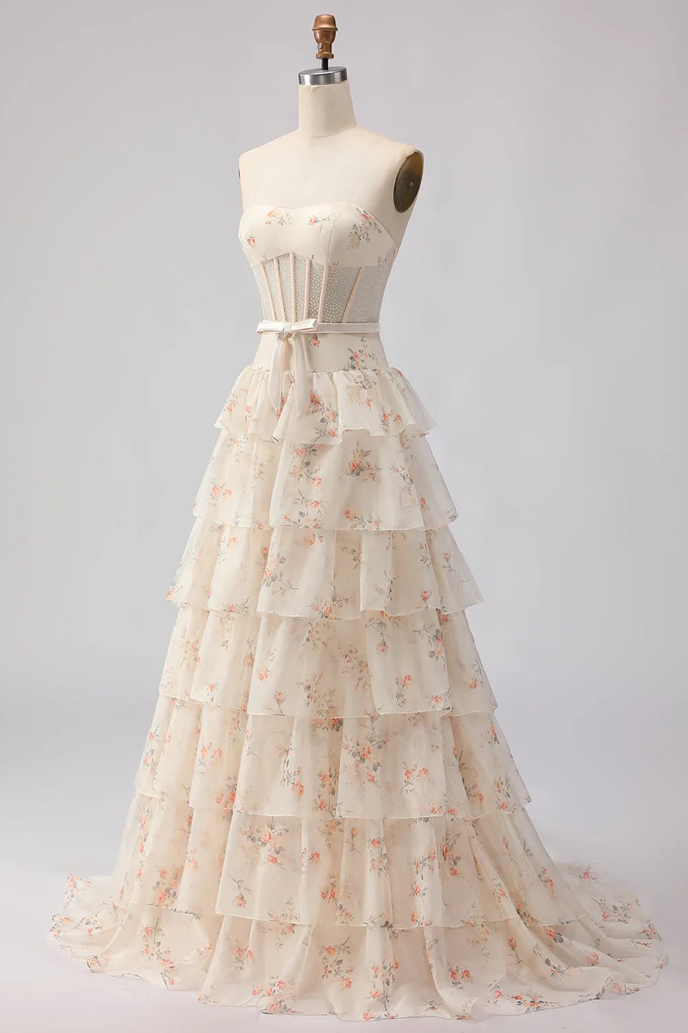 Champagne Orange Flower Strapless A Line Tiered Ruffle Corset Long Prom Dress sold by Wedtrend product image thumbnail 3