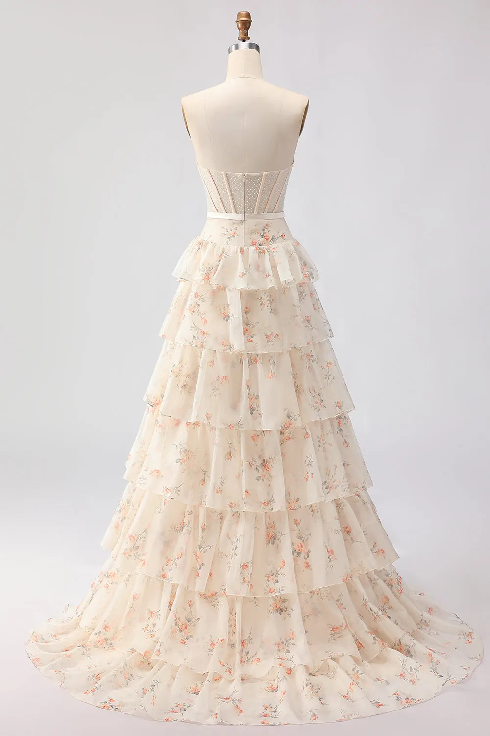 Champagne Orange Flower Strapless A Line Tiered Ruffle Corset Long Prom Dress sold by Wedtrend product image thumbnail 2