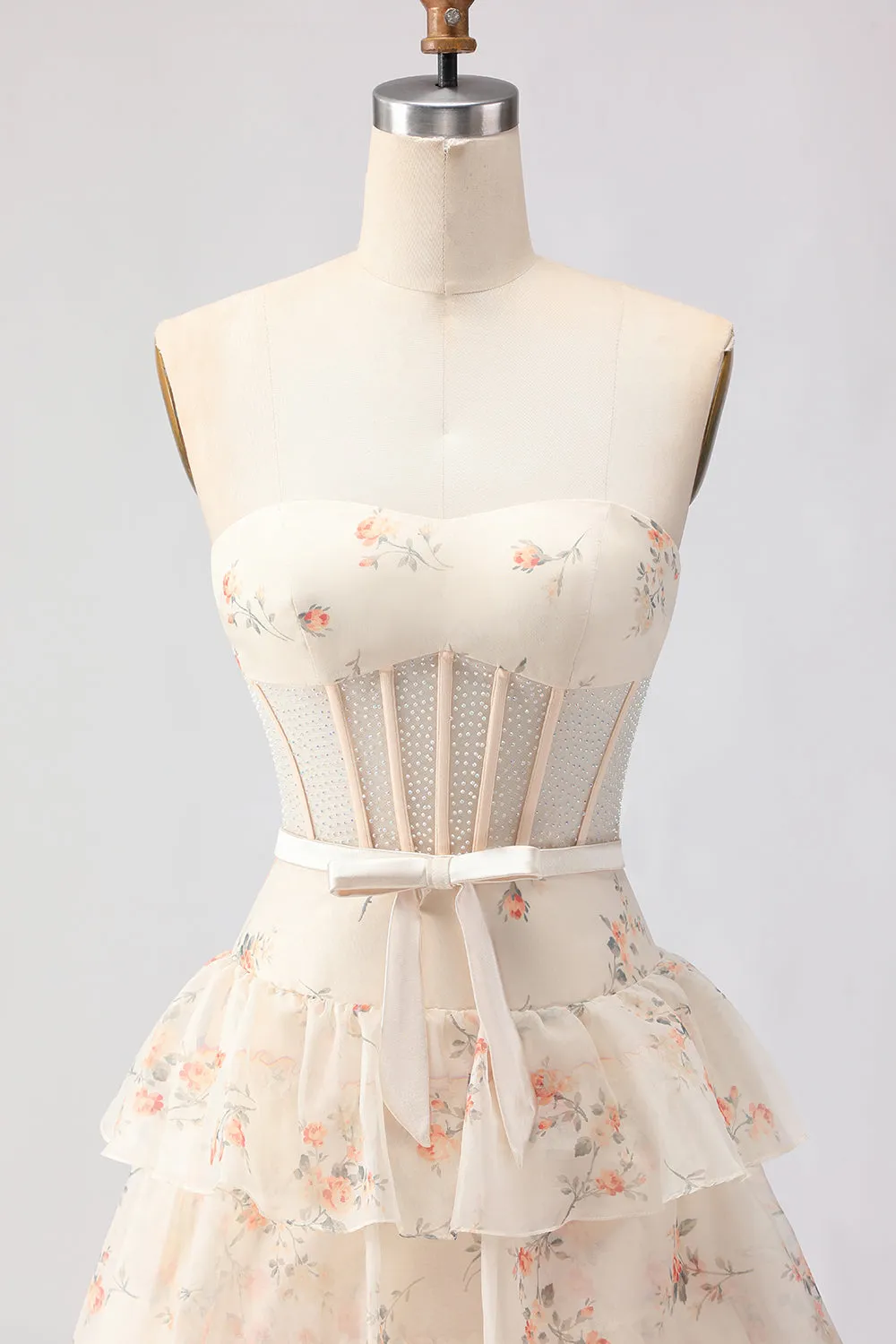 Champagne Orange Flower Strapless A Line Tiered Ruffle Corset Long Prom Dress sold by Wedtrend product image thumbnail 4
