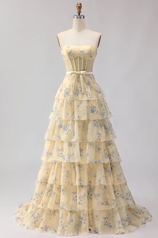 Yellow Blue Flower Strapless Beaded A Line Tiered Ruffle Corset Long Prom Dress made by Wedtrend