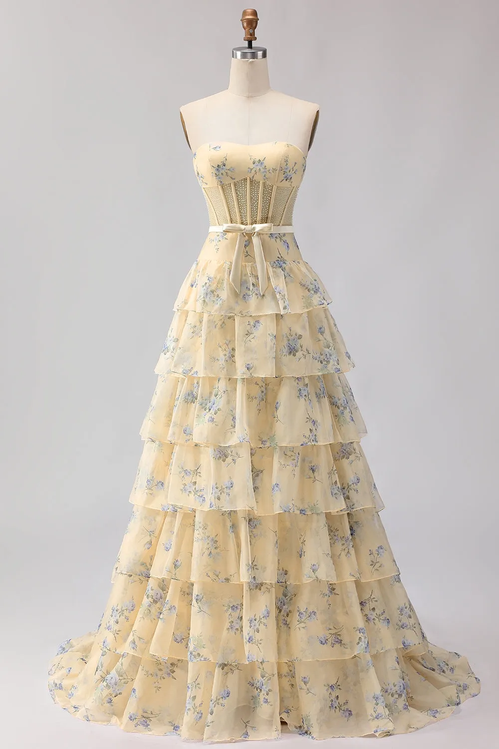 Yellow Blue Flower Strapless Beaded A Line Tiered Ruffle Corset Long Prom Dress sold by Wedtrend
