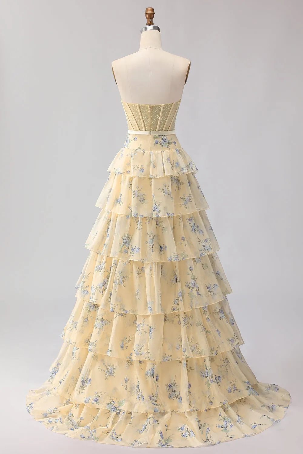 Yellow Blue Flower Strapless Beaded A Line Tiered Ruffle Corset Long Prom Dress sold by Wedtrend product image thumbnail 2