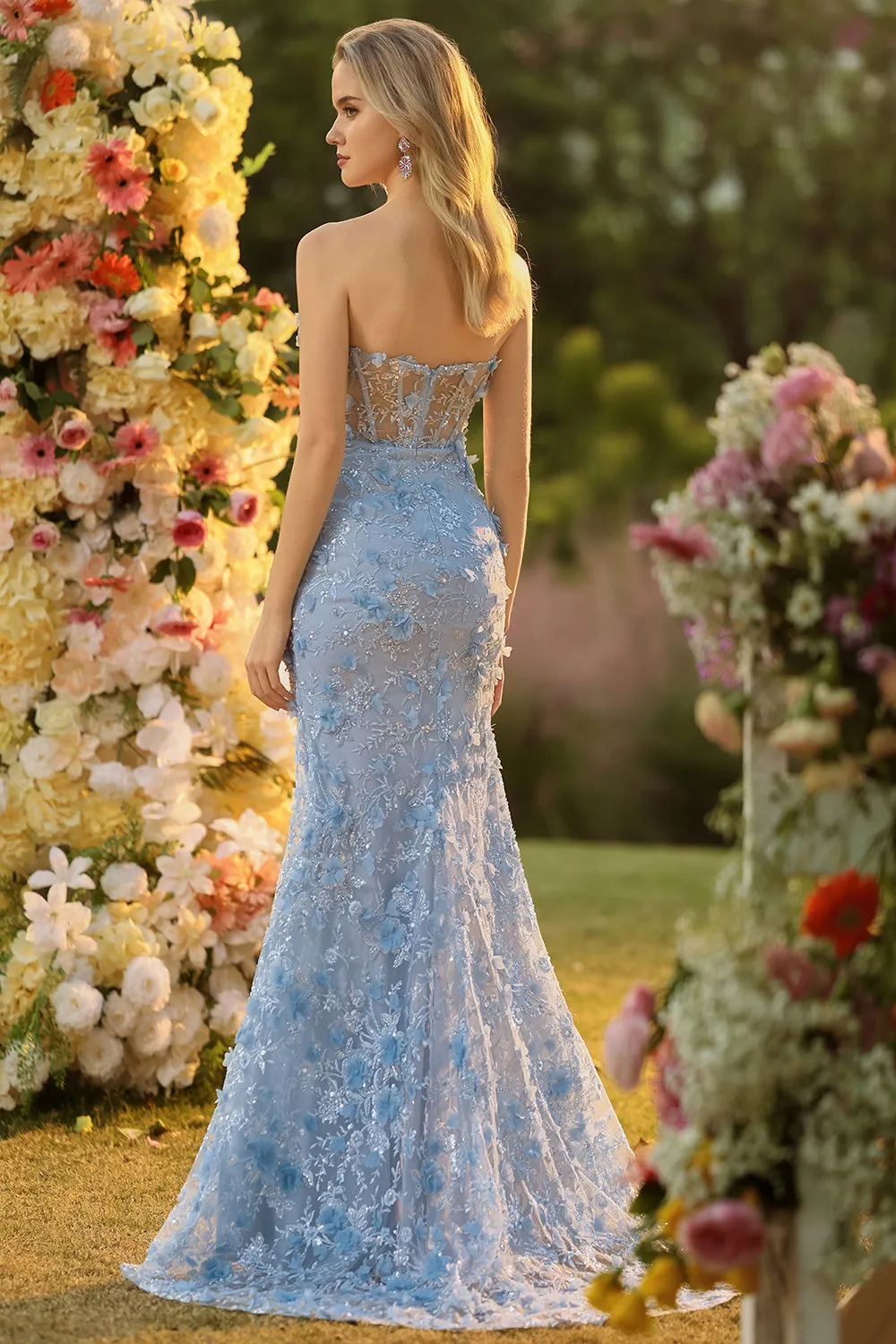Strapless Blue Mermaid Corset Sequin Applique Long Prom Dress with Slit sold by Wedtrend product image thumbnail 4