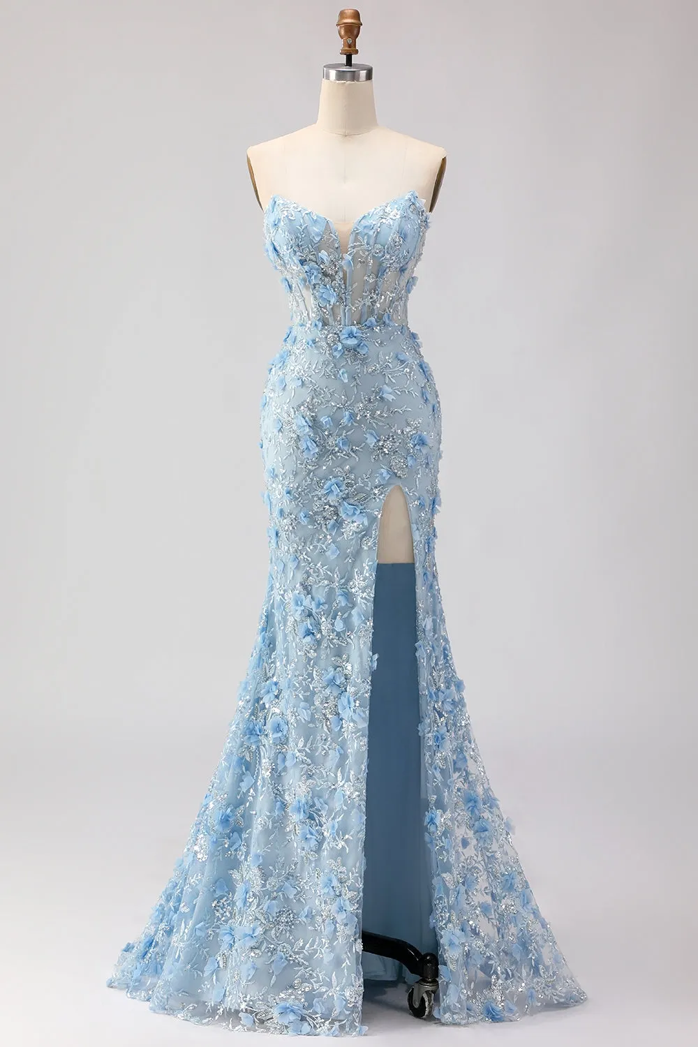 Strapless Blue Mermaid Corset Sequin Applique Long Prom Dress with Slit sold by Wedtrend