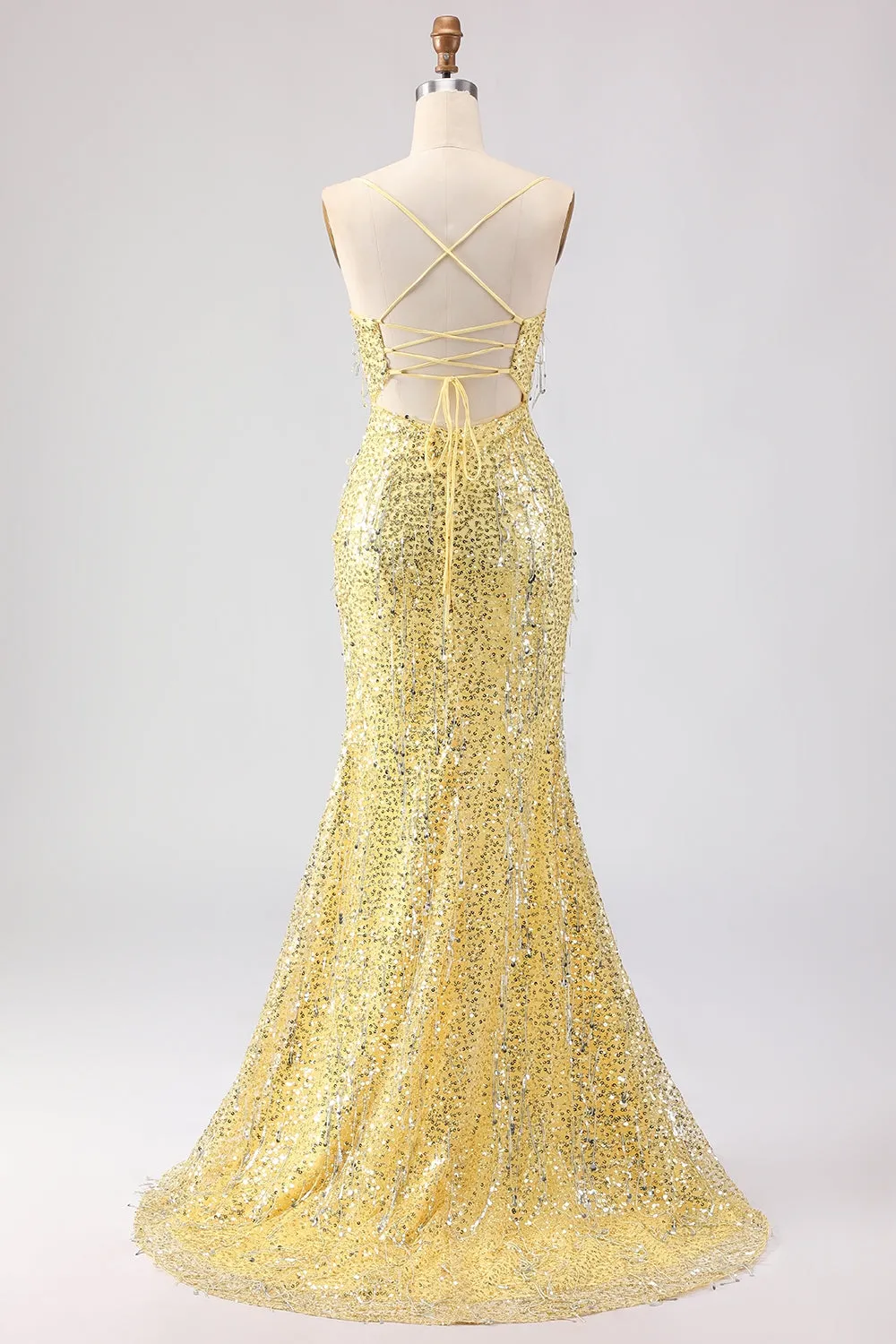 Sparkly Yellow Mermaid Sequin Long Prom Dress with Slit sold by Wedtrend product image thumbnail 2