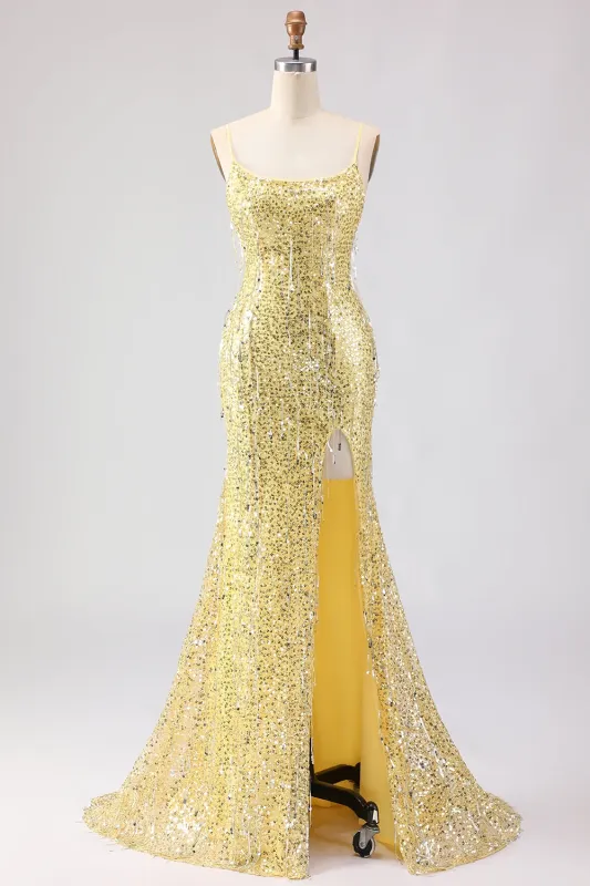 Sparkly Yellow Mermaid Sequin Long Prom Dress with Slit made by Wedtrend