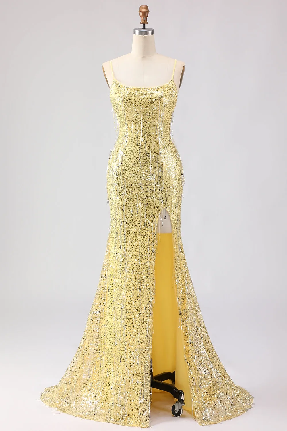 Sparkly Yellow Mermaid Sequin Long Prom Dress with Slit sold by Wedtrend