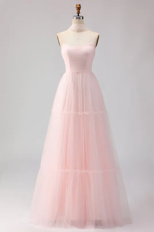 Blushing Pink Strapless A Line Long Prom Dress with Sash made by Wedtrend